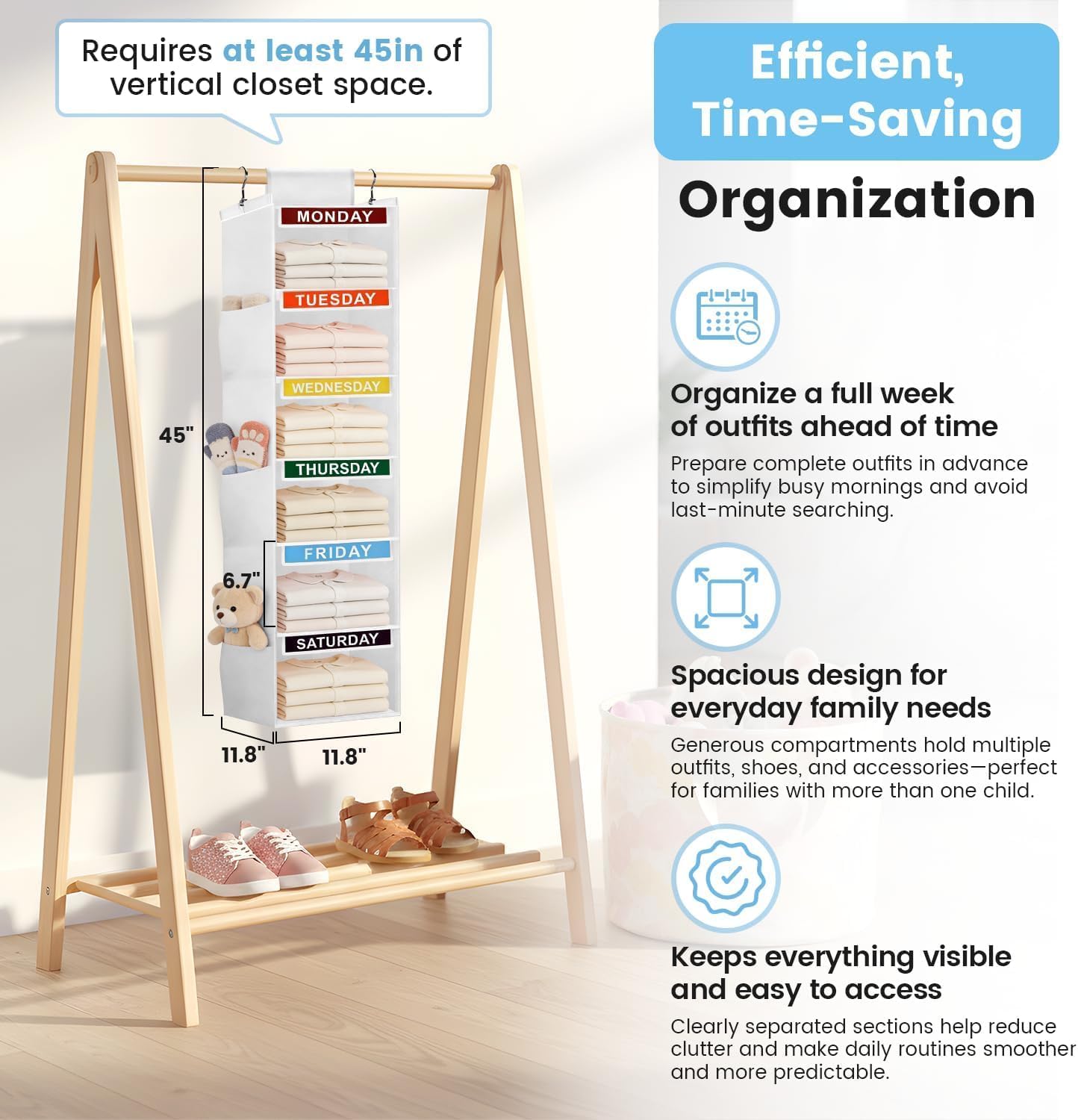 Weekly Clothes Organizer for Kids, 5-Shelf Kid Hanging Closet Organizer w/ 6 Side Pockets, Labeled Weekly Outfit Organizer for Kids, Days of The Week Clothes Organizer Monday Through Friday White