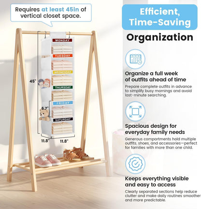 Weekly Clothes Organizer for Kids, 5-Shelf Kid Hanging Closet Organizer w/ 6 Side Pockets, Labeled Weekly Outfit Organizer for Kids, Days of The Week Clothes Organizer Monday Through Friday White