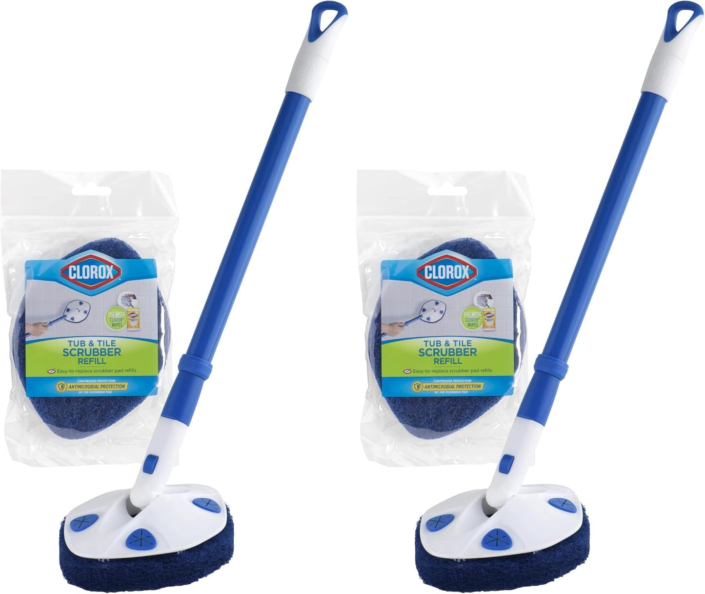 Clorox Extendable Tub & Tile Scrubber with Polyurethane Head – Heavy Duty Bathroom Cleaning Brush with Bonus Refill, Pivoting Head, Replaceable Pad, Works with Clorox Wipes