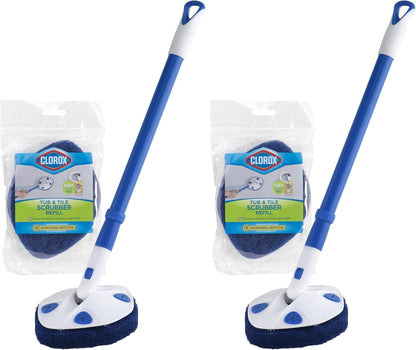Clorox Extendable Tub & Tile Scrubber with Polyurethane Head – Heavy Duty Bathroom Cleaning Brush with Bonus Refill, Pivoting Head, Replaceable Pad, Works with Clorox Wipes