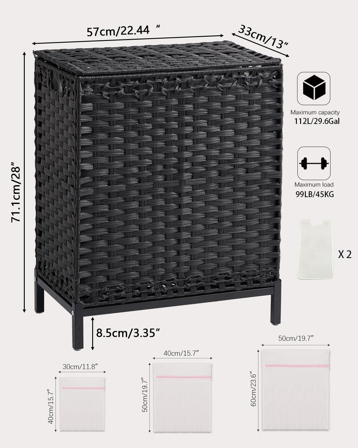 SETVSON Laundry Hamper with Lid 132 L, (35 Gallons) Clothes Hamper with Lid, Handwoven Rattan Laundry Hamper with Metal Heightened Feet, Laundry Hampers with 3 Removable Liner Bags for Laundry-Natural