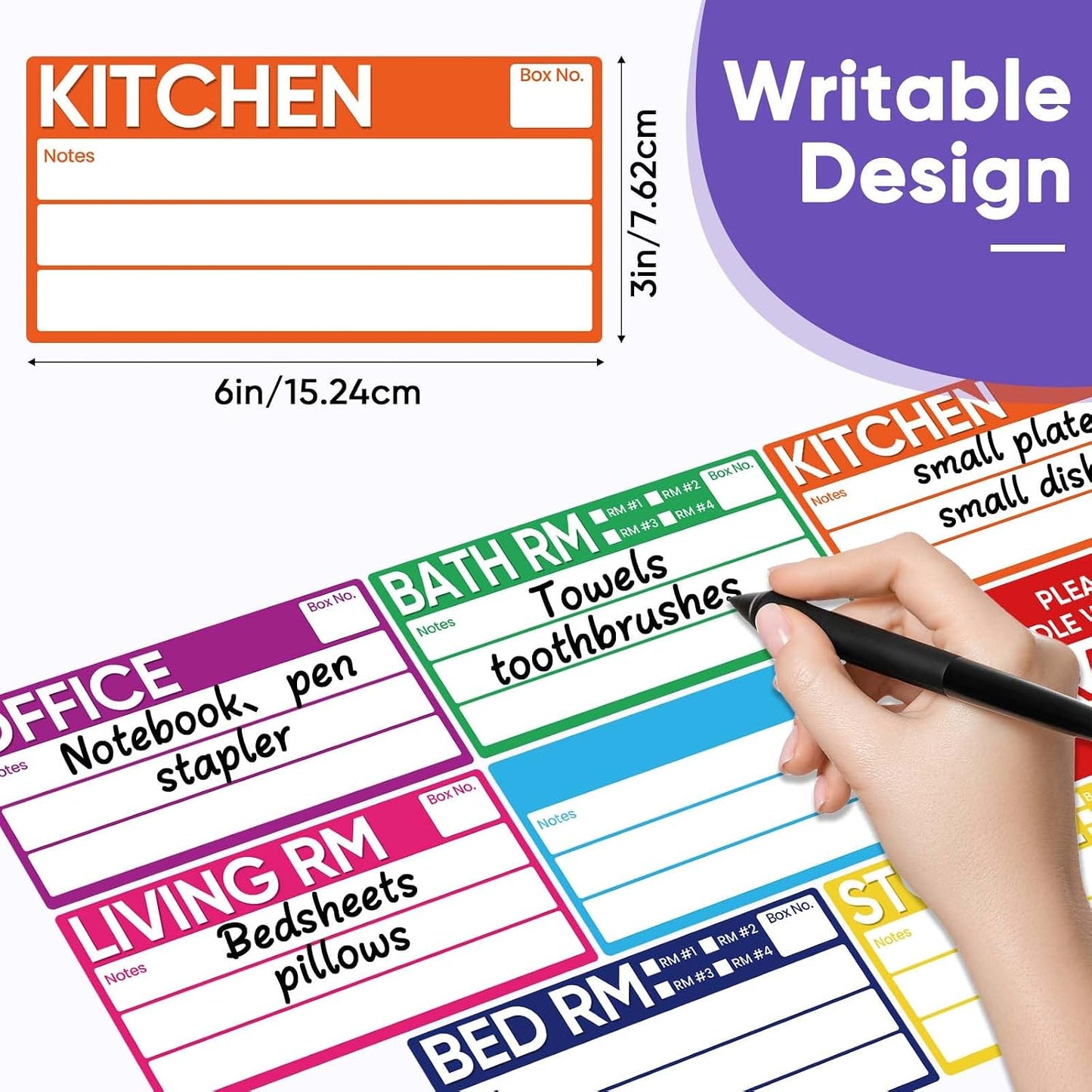 6 x 3 Inches Large Removable Moving Labels for Boxes, 180 Pack 8 Color Coded Moving Stickers for 3-4 Bedroom House, Waterproof Tear Resistant with Fragile & Blank Customizable Labels