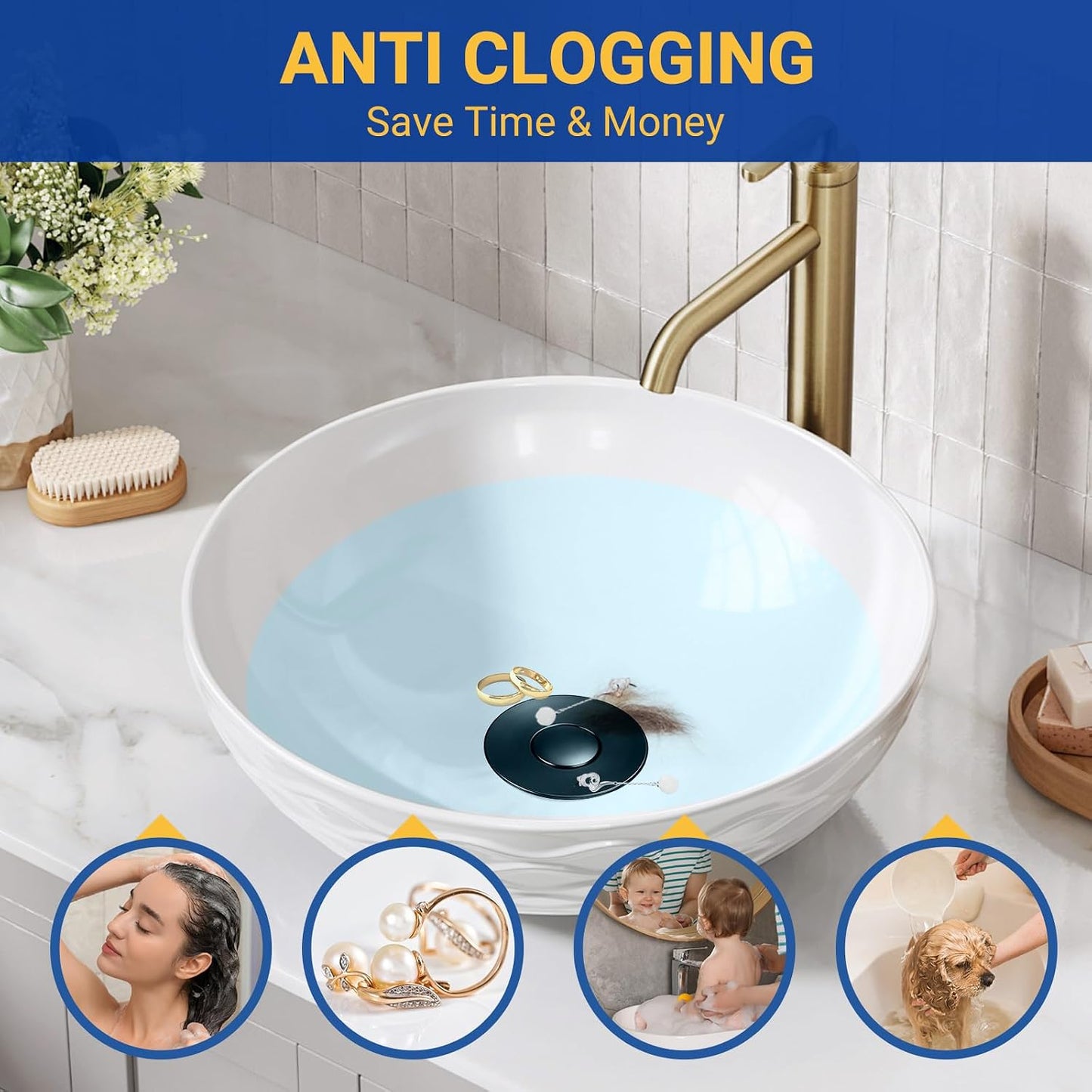 2PCS Bathroom Sink Stopper Strainer, Pop-Up Bathroom Sink Drain Strainer with Removable Stainless Steel Hair Catcher Basket, Universal Fit for US Bathroom Sinks, Bathtubs, Showers & Floor Drains