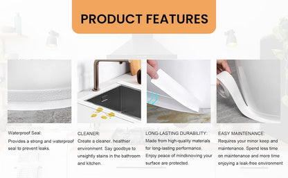 White Caulk Tape Waterproof Self Adhesive, Caulking Tape, Sealer Strip for Bathroom, Toilet Base, Shower, Bathtub, Sink, Countertop Edge Protector, Easy to Use with Silicone Caulking Tool