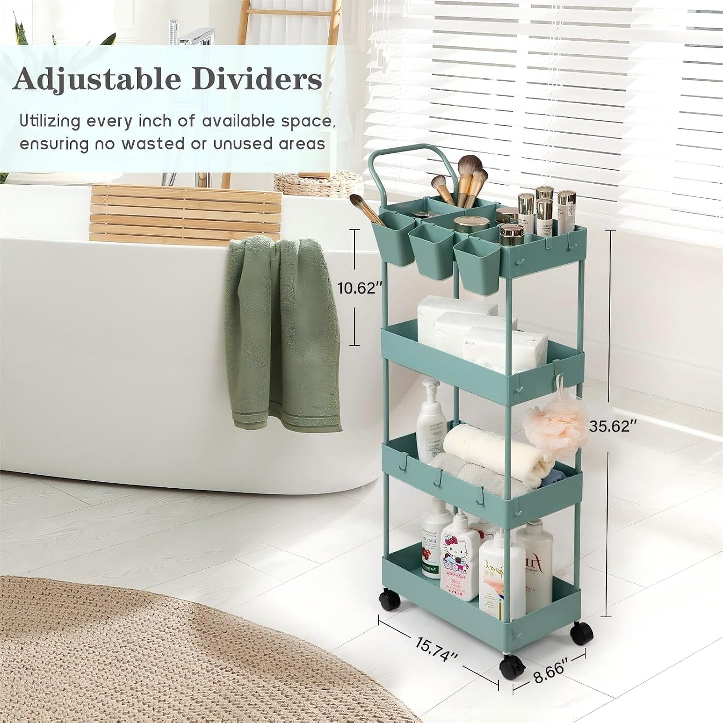 danpinera Storage Cart on Wheels, 3 Tier Slim Laundry with Wheels Bathroom Organizer with Hanging Cups Hooks Dividers Handle Mobile Rolling Art Cart for Bathroom Kitchen Narrow Places, White