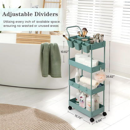 danpinera Storage Cart on Wheels, 3 Tier Slim Laundry with Wheels Bathroom Organizer with Hanging Cups Hooks Dividers Handle Mobile Rolling Art Cart for Bathroom Kitchen Narrow Places, White