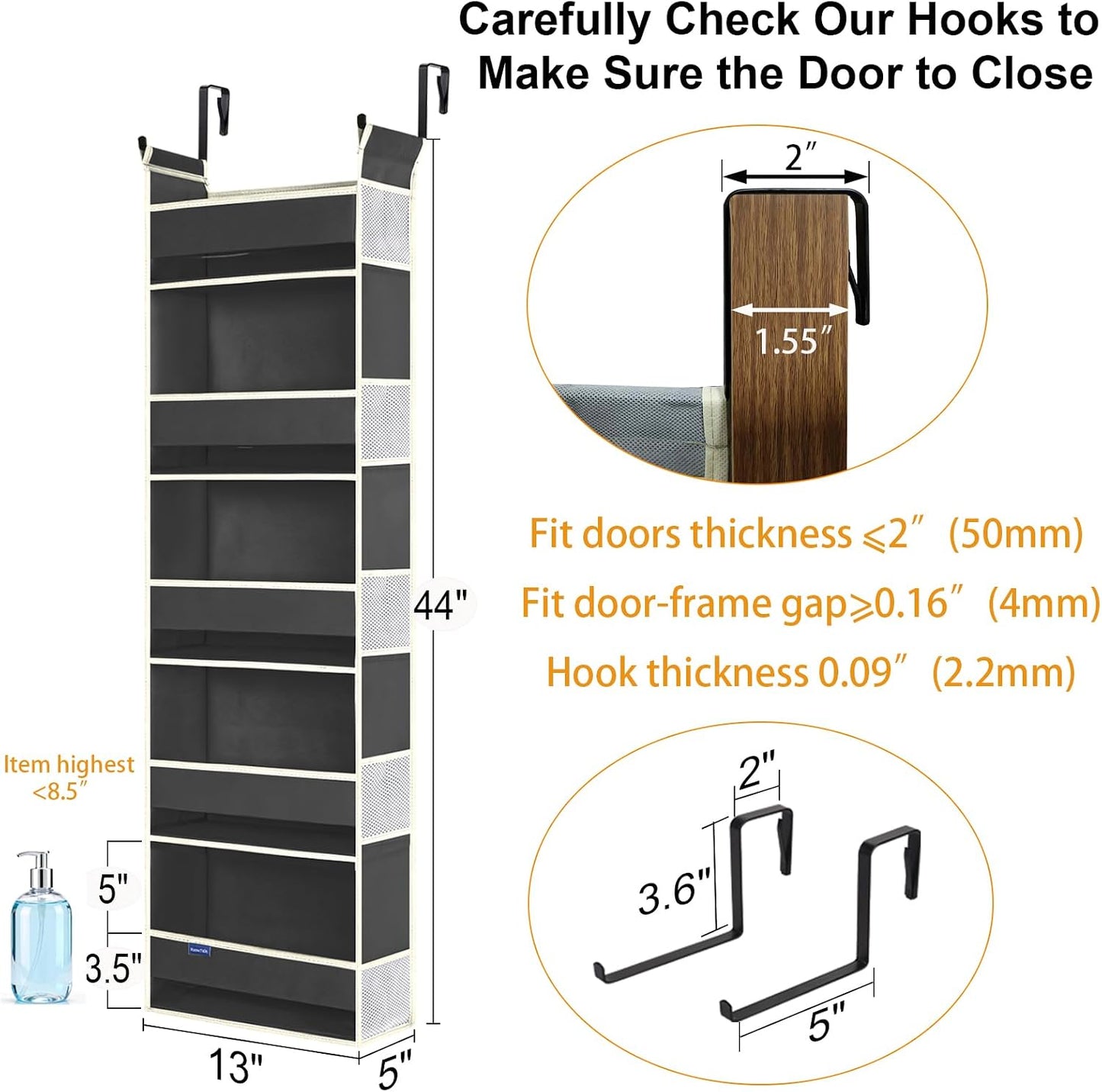 Over The Door Organizer 5-Shelves and 10 Side Pockets, Over The Door Storage for Bathroom Bedroom Nursery, Hanging Door Organizer for Baby Diapers and Kids Toys (13"x5"x44", Grey)