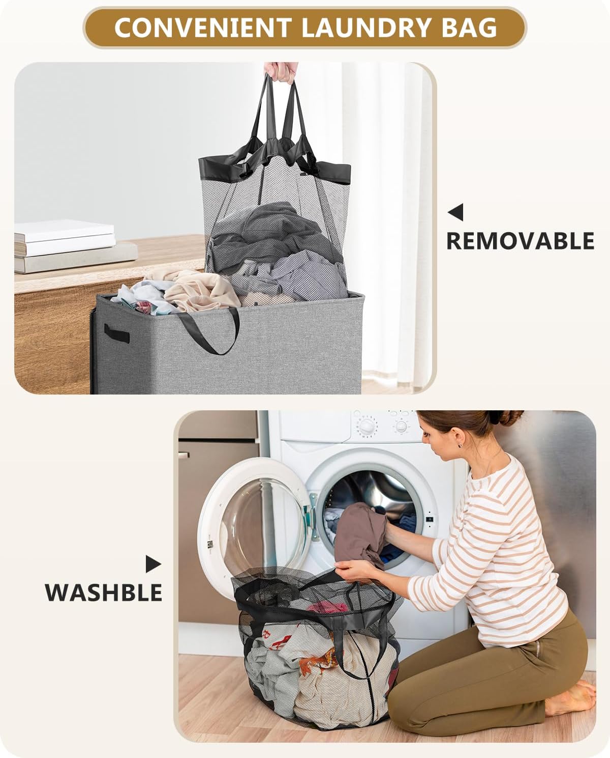 SOLEDI Luxury Double Laundry Hamper with Lid and Removable Bags, 38.3 Gal Large Laundry Bin, Laundry Basket 2 Sections, Collapsible Clothes Hamper for Bedroom, Laundry Room, Bathroom, Off-white