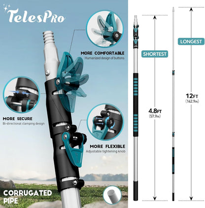 TelesPro 20 Foot High-Reach Duster Kit with 5-12FT Extendable Pole - High Ceiling Duster Cleaning Kit with Telescopic Pole,Cobweb Duster, Chenille Ceiling Fan Duster, Microfiber Feather Duster