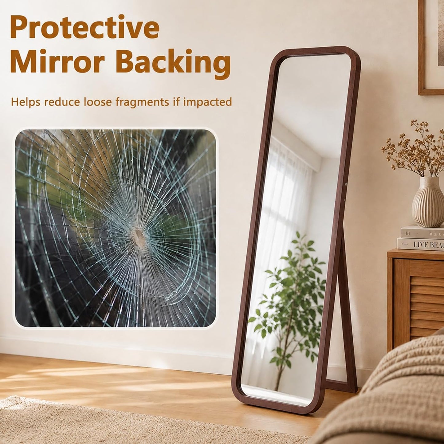 Anwick Full Length Floor Mirror Wood Frame Standing Mirror Walnut 63 in | Solid Wood Frame, Clear Float Glass, Adjustable Stand or Wall Mount, Rounded Walnut Finish for Bedroom or Dressing Room