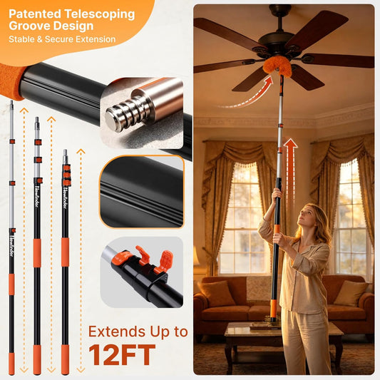 20ft High Ceiling Duster Kit with 4-12ft Heavy-Duty Extension Pole, Ceiling Fan Duster, Cobweb Duster, Microfiber Duster, Window Squeegee & Cleaner, Wall Duster for Home Long Reach Cleaning