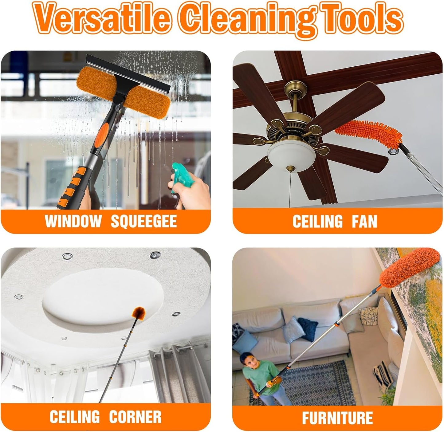LAANPOLE 26FT High Reach Duster Cleaning Kit with Extension Pole, High Ceiling Fan Cleaner Duster Tool for Fan Blades, Window Washing Kit with Microfiber Feather Duster & Window Squeegee