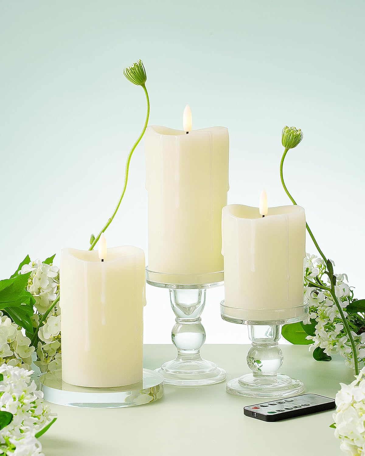 White Flameless Candles with Remote and Timer, Real Wax Made Wax Drip LED Pillar Candles Battery Operated with 3D Flickering Flame Melted Top - 3" x 4",5",6" - Set of 3