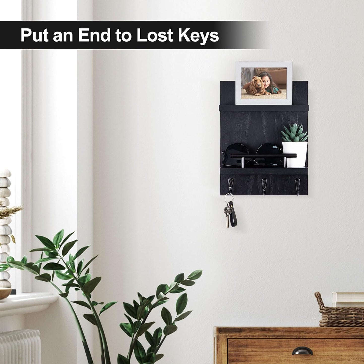 Key Holder Wall Mount, Mail Shelf Decor with 3 Key Hooks, Versatile Wood Wall Organizer for Entryway Hallway (8.2” x 10.6”x 3.6”) (White)