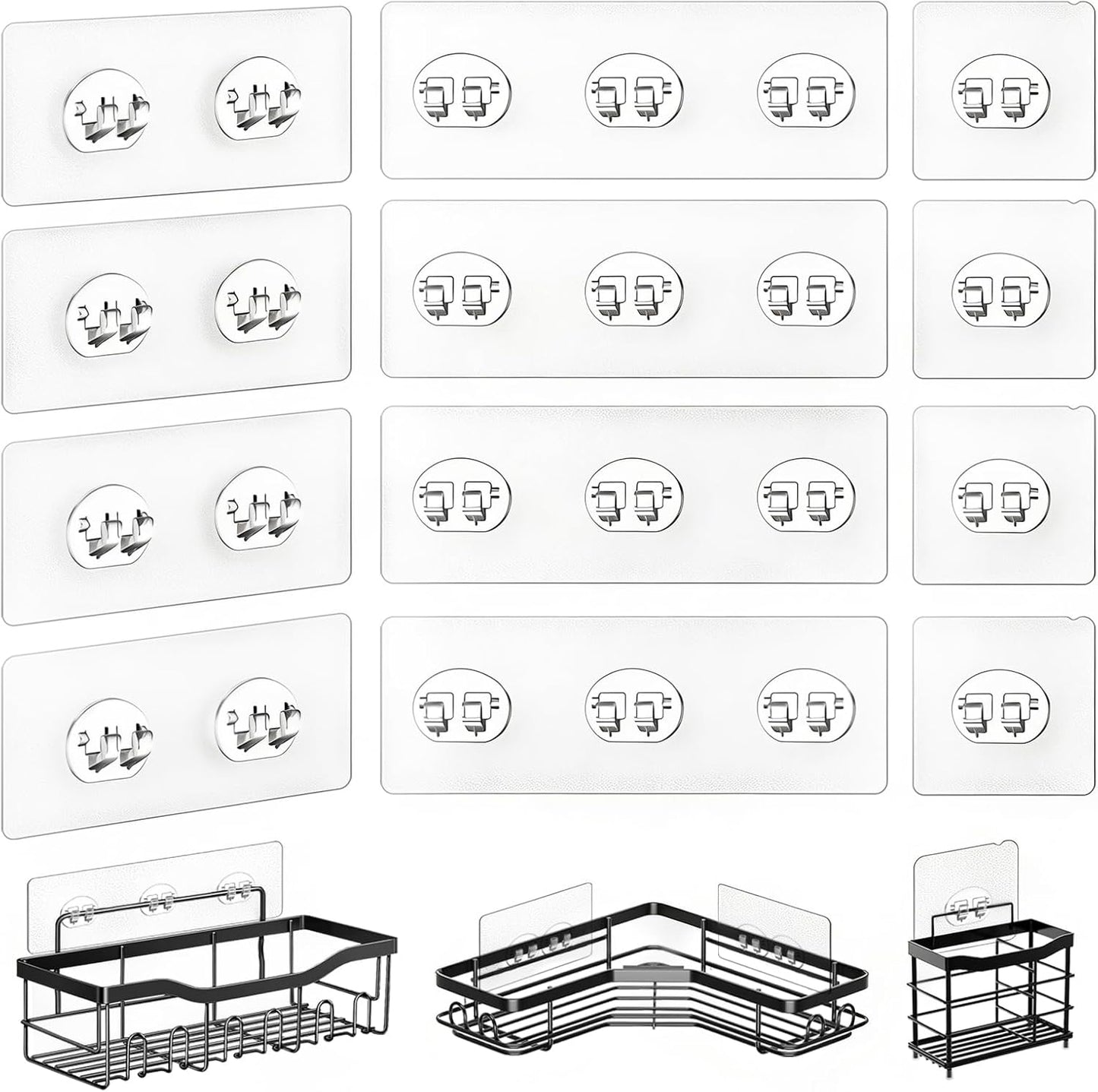 14 Pack Heavy Duty Shower Caddy Adhesive Replacement, 55 LB Hold | Up to 55 LB hold; Waterproof Shower Shelf Adhesive in 3 Hook Styles for Caddies, Shelves, Soap Holders and Racks.