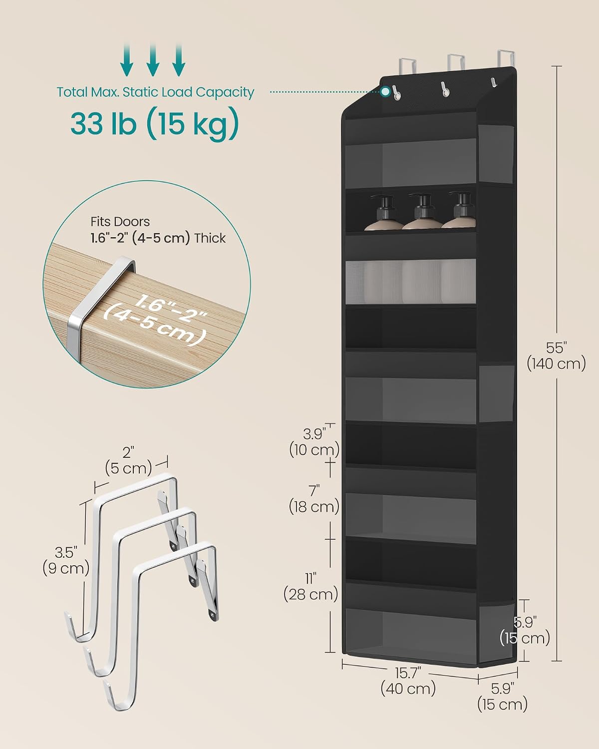 SONGMICS Over-the-Door Organizer, 5-Tier Door Hanging Storage Shelf, Heavy-Duty Closet Hanging Organizer Foldable, Transparent, Pockets, Metal Hooks, Ink Black URDH010BH01