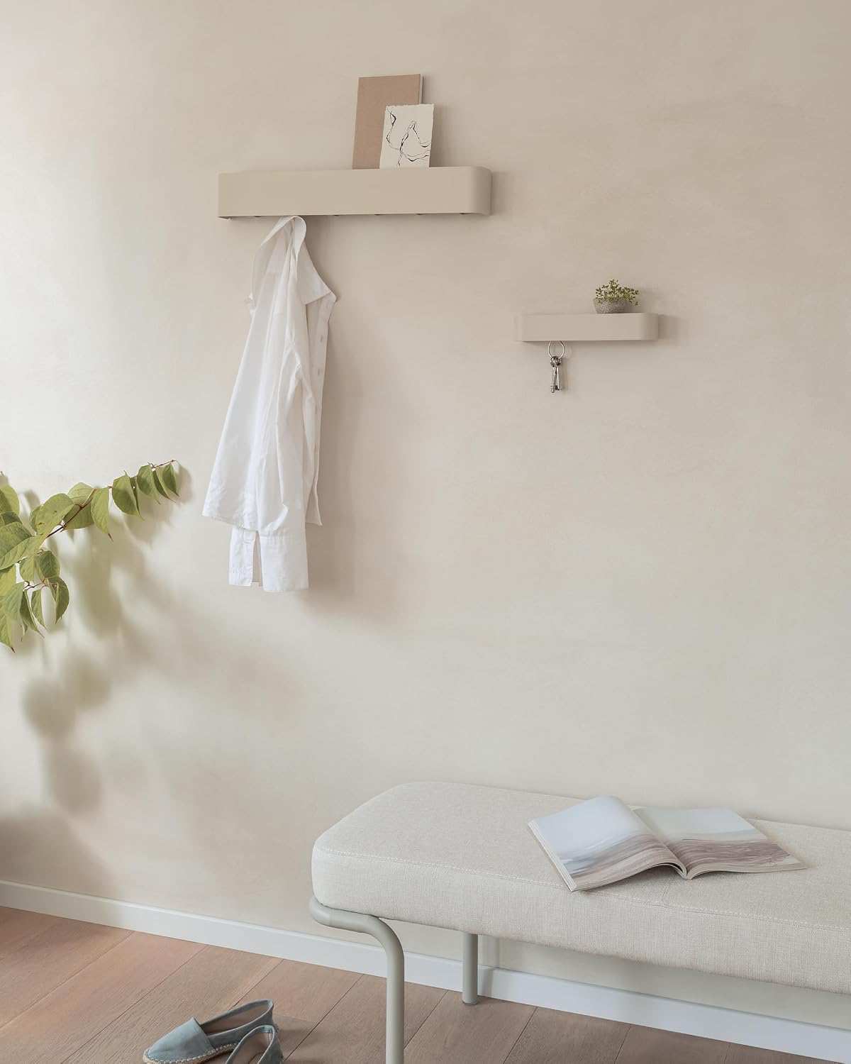 Kazai. Key Holder for Wall 'Tone' | Minimalist Key Hooks Design from Berlin | Modern Key Hanger with Metal Shelf | Key Hook Wall Mounted as Hallway Furniture | Sand Taupe