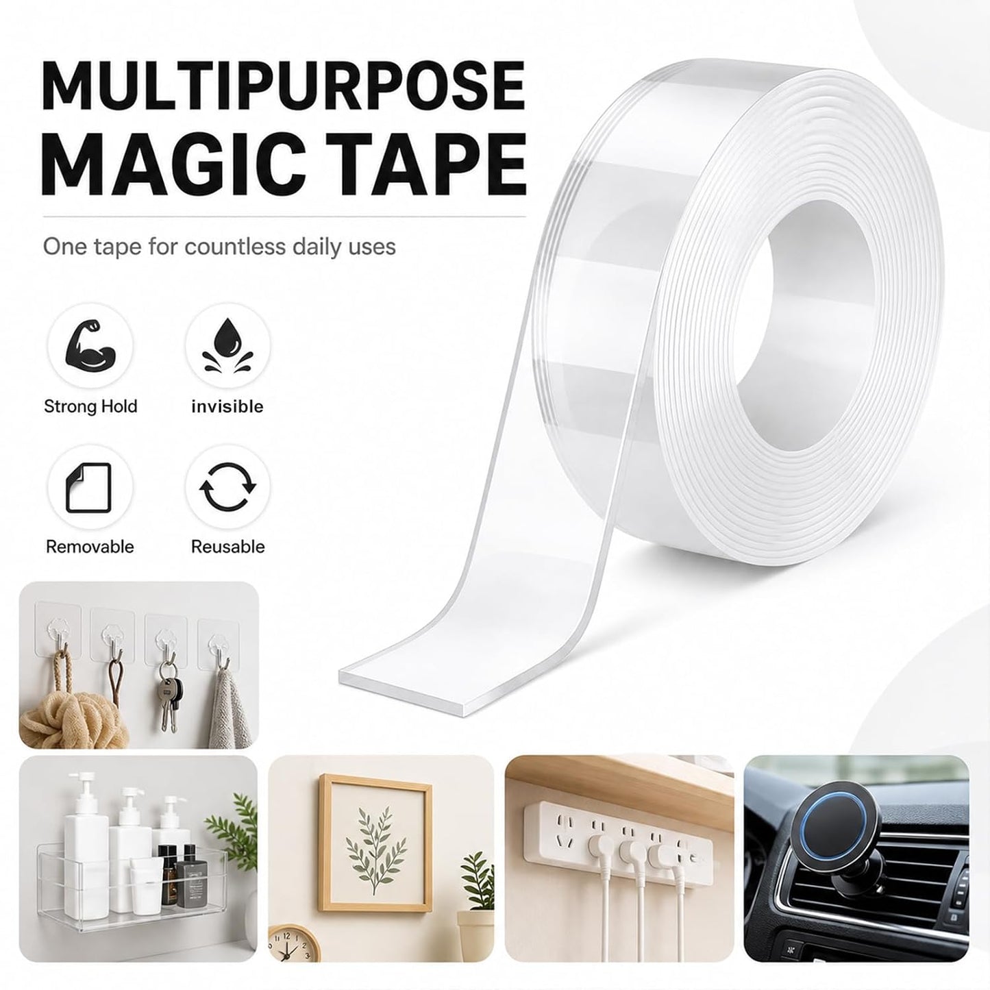 Double Sided Nano Tape, Clear, Removable, No Residue, Reusable, 300cm/9.85 Ft Roll, for Wall Hanging, Posters, Carpet, Home Decoration 4pack