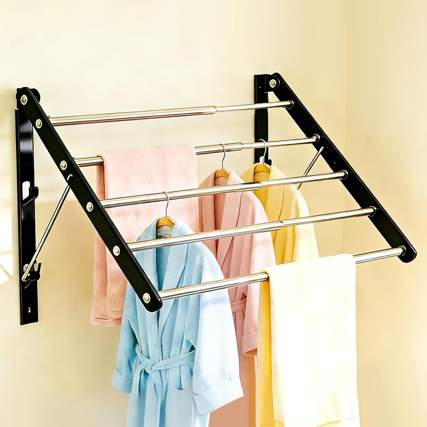 Wall Mounted Drying Rack, Pre-Install Adjustable Width 13-23 Inch, 60 lbs Heavy Duty Foldable Laundry Rack, Space Saving Stainless Steel for Apartment Laundry Room Bathroom, Black