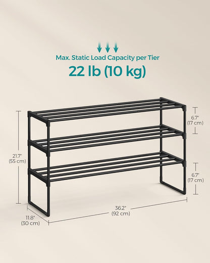 SONGMICS Shoe Rack, 6-Tier Shoe Organizer, Metal Storage Shelf, Upright or Upside Down, for 24-30 Pairs, Stackable, for Entryway, 11.8 x 36.2 x 42.7 Inches, Black ULSA306BH01