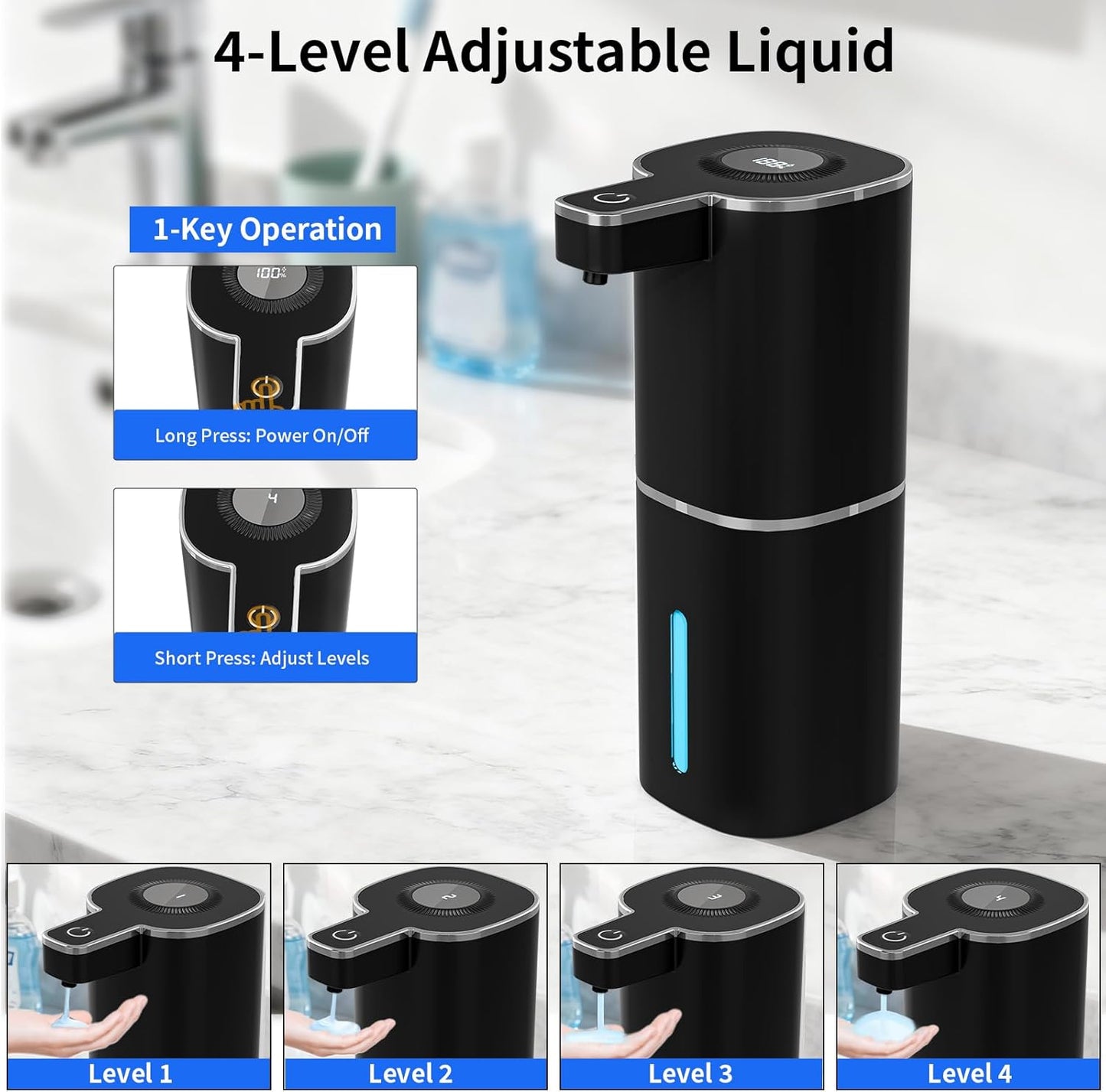 Automatic Foaming Soap Dispenser, Touchless Rechargeable Hand Soap Dispenser, 4 Adjustable Levels, 1200mAh Battery, Large Display, for Kitchen & Bathroom (Black, Foaming)