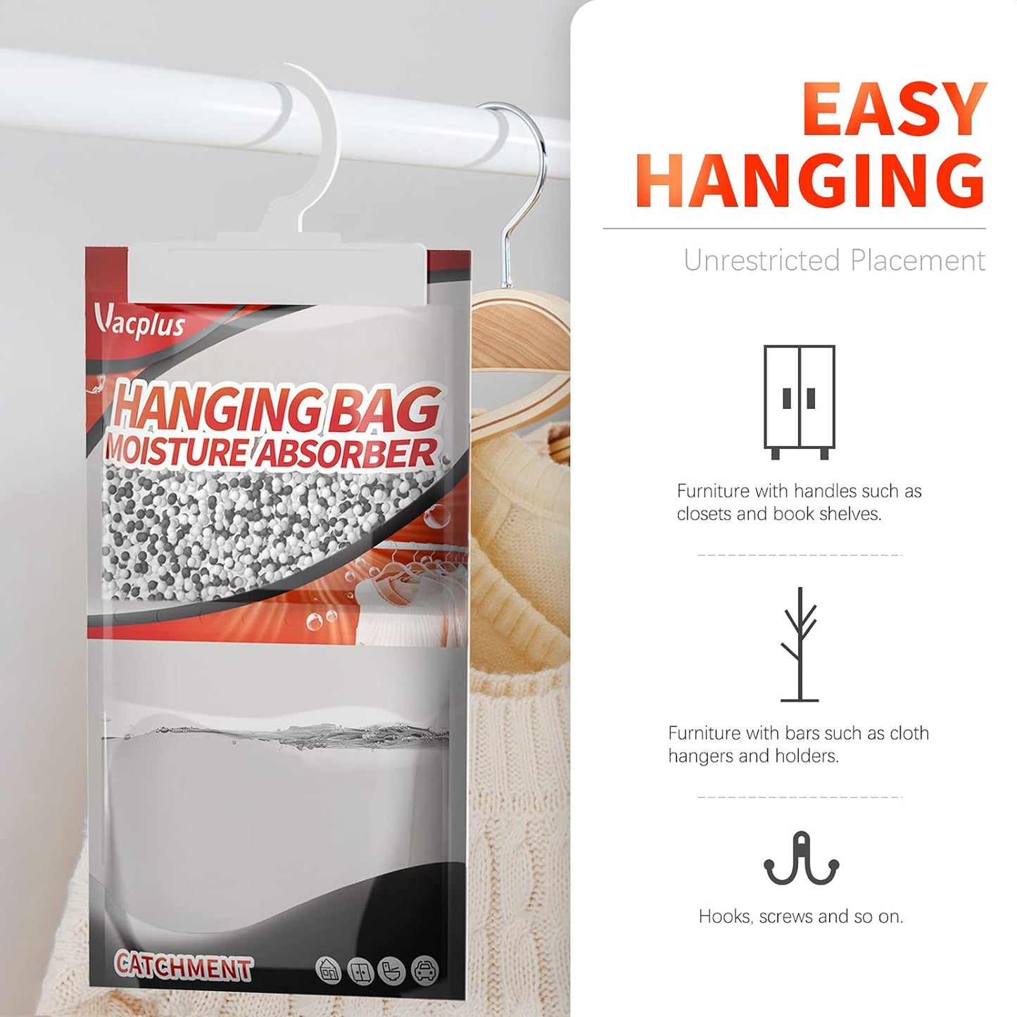 Vacplus Moisture Absorbers, Hanging Closet Dehumidifier Bags, Humidity Packs, Desiccant, Closet Dehumidifiers with Fragrance Free, 10 Pack, 9.8 OZ