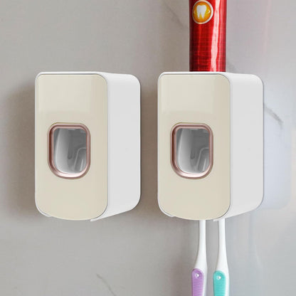 2 Slot Toothbrush Holder and Toothpaste Dispenser Wall Mounted, Automatic Toothpaste Squeezer, 2 in 1 Tooth Brush Toothpaste Organizer for Shower (Grey)