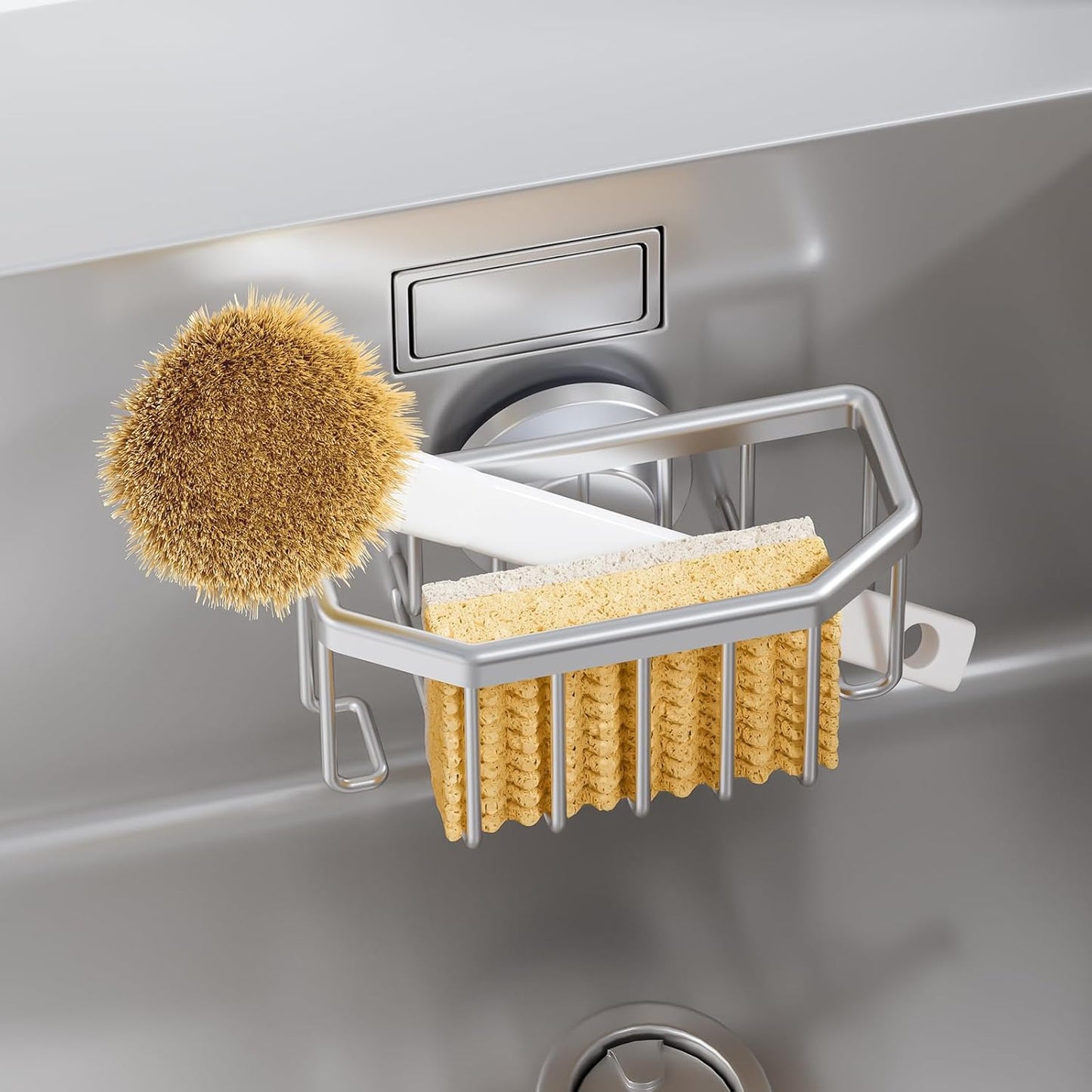 TAILI Sponge Holder with Strong Suction Cup, Dish Sponge Caddy Inside Sink Removable, Rustproof Aluminum for Sponges, Brushes, Stoppers and Scrapers - Black