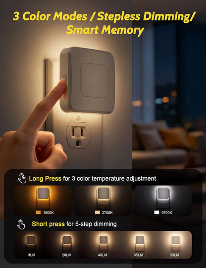 Sujeet Motion Sensor Night Light, Dimmable Plug in LED Nightlight 1-80lm Adjustable Brightness, 4 Pack Warm White with Dusk to Dawn Sensor & Backlit, Wall Night Light for Bathroom, Hallway, Stairs
