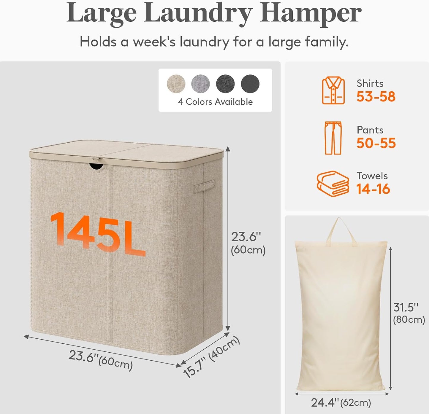 Lifewit 165L Large Laundry Basket with Lid, Laundry Hamper with Plastic Handles and Removable Bag, Foldable Tall Dirty Clothes Hampers for Laundry for Laundry Room, Bedroom, Bathroom, Dorm, Beige