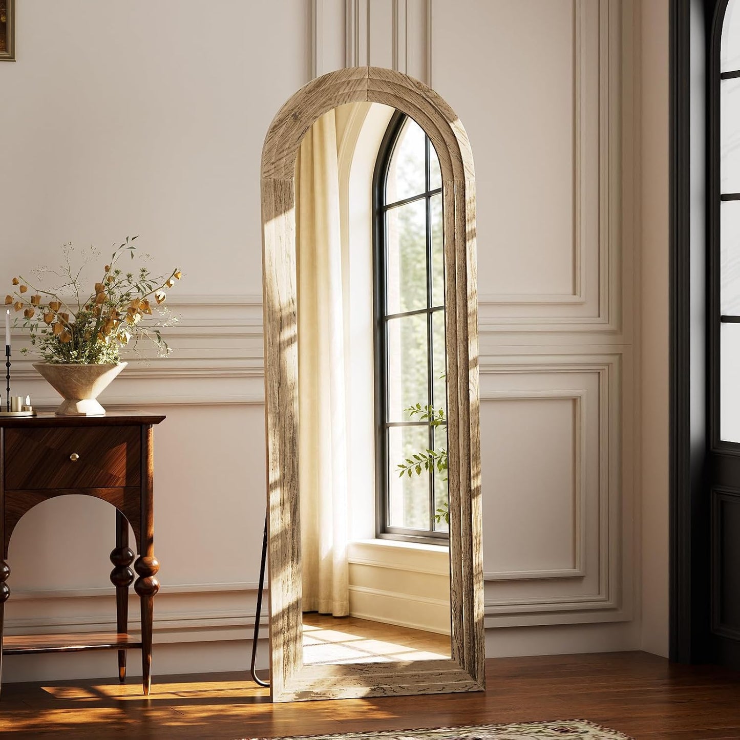 XRAMFY Full Length Mirror 65" x 22", Arched Large Floor Mirror with Solid Wood Frame, Freestanding & Wall Mounted, Antique Brown Finish for Bedroom Living Room