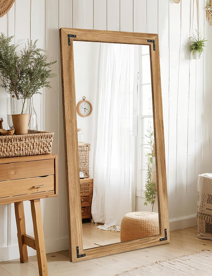 TRAHOME Full Length Mirror with Wooden Frame, 56"X22" Solid Wood Standing Floor Mirror for Farmhouse, Bathroom, Bedroom Decor, Hanging or Leaning Wall-Mounted