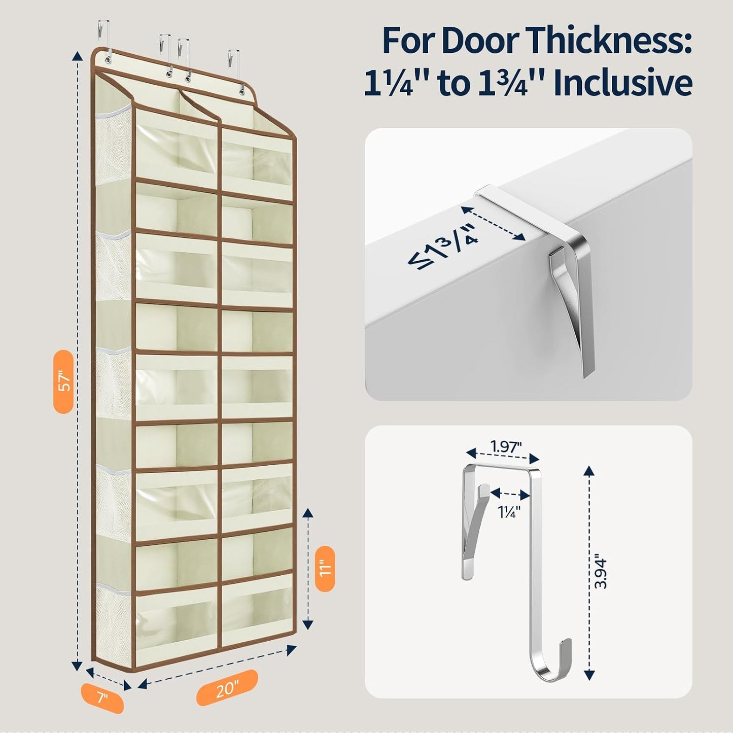 Yecaye 5-Tier Over The Door Organizer Dual-Column, 80lbs Load Over The Door Storage of 10 Compartments, Heavy Duty Door Organizer Hanging for Bedroom Closet Dorm Bathroom Pantry, Grey 1 Pack