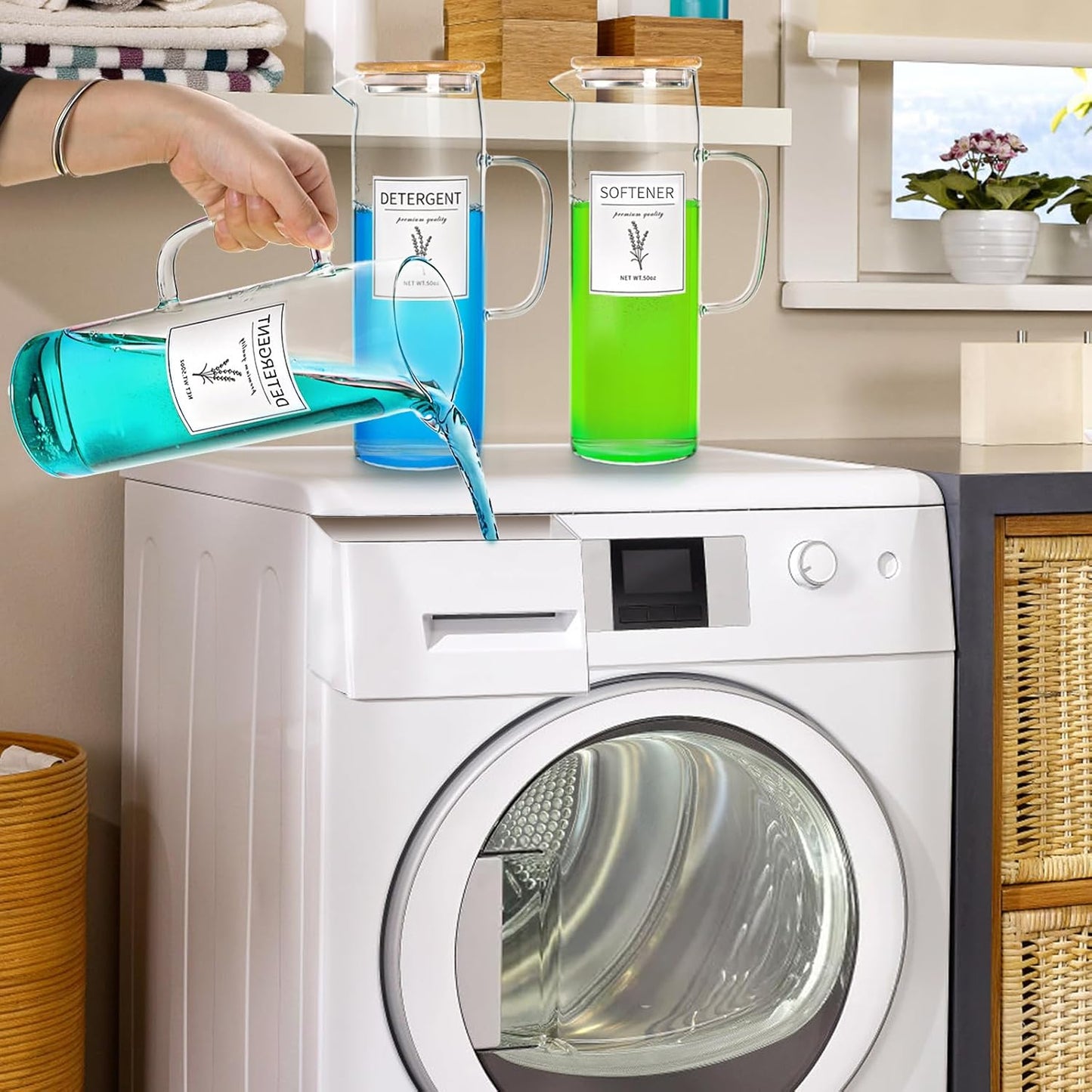 Noamus 2 Pack Laundry Detergent Dispenser Set, 50oz Fabric Softener Storage Bottle with Bamboo Lid Handle&12 Labels, Glass Liquid Detergent Container for Farmhouse Laundry Room Decor Organization
