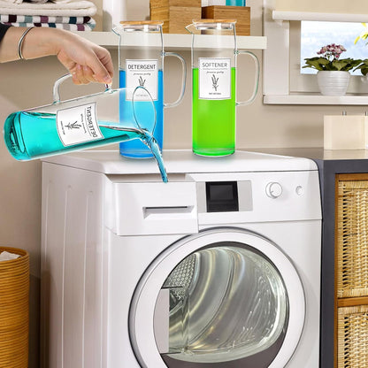 Noamus 2 Pack Laundry Detergent Dispenser Set, 50oz Fabric Softener Storage Bottle with Bamboo Lid Handle&12 Labels, Glass Liquid Detergent Container for Farmhouse Laundry Room Decor Organization