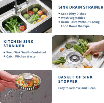 3-in-1 Kitchen Sink Drain Strainer - Pop Up Sink Stopper, Stainless Steel Sink Drain Strainer, Kitchen Sink Stopper & Drain Plug with Anti-Clogging Basket,Sink Strainer Fits US Standard 3-1/2'' Drains