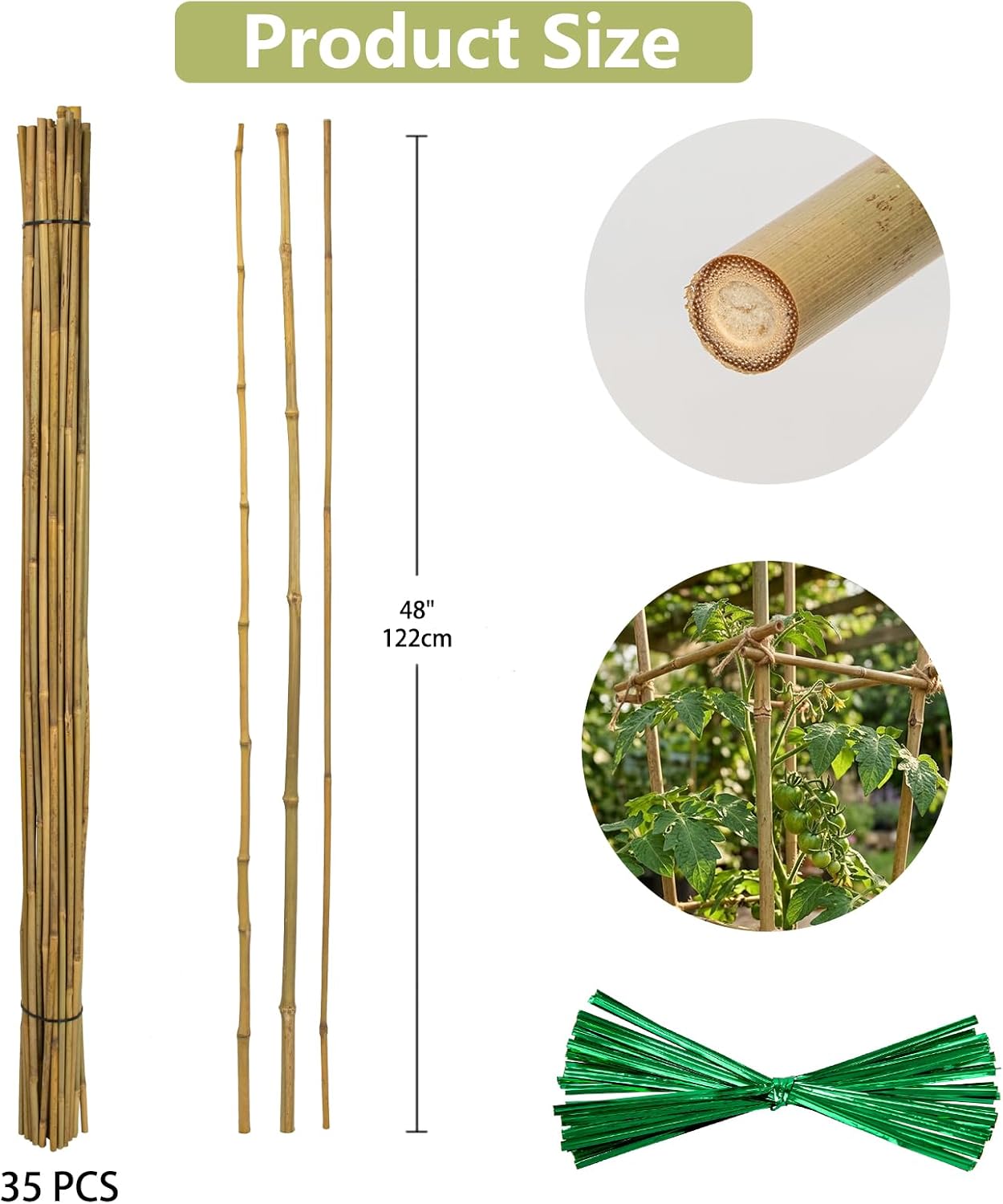 Plant Stakes Natural Bamboo Sticks - 30 Pcs Bamboo Garden Stakes for Plants 4.8 FT Plant Support Sticks with Twist Ties for Tomatoes Beans Flowers Indoor Outdoor Potted Climbing Plants