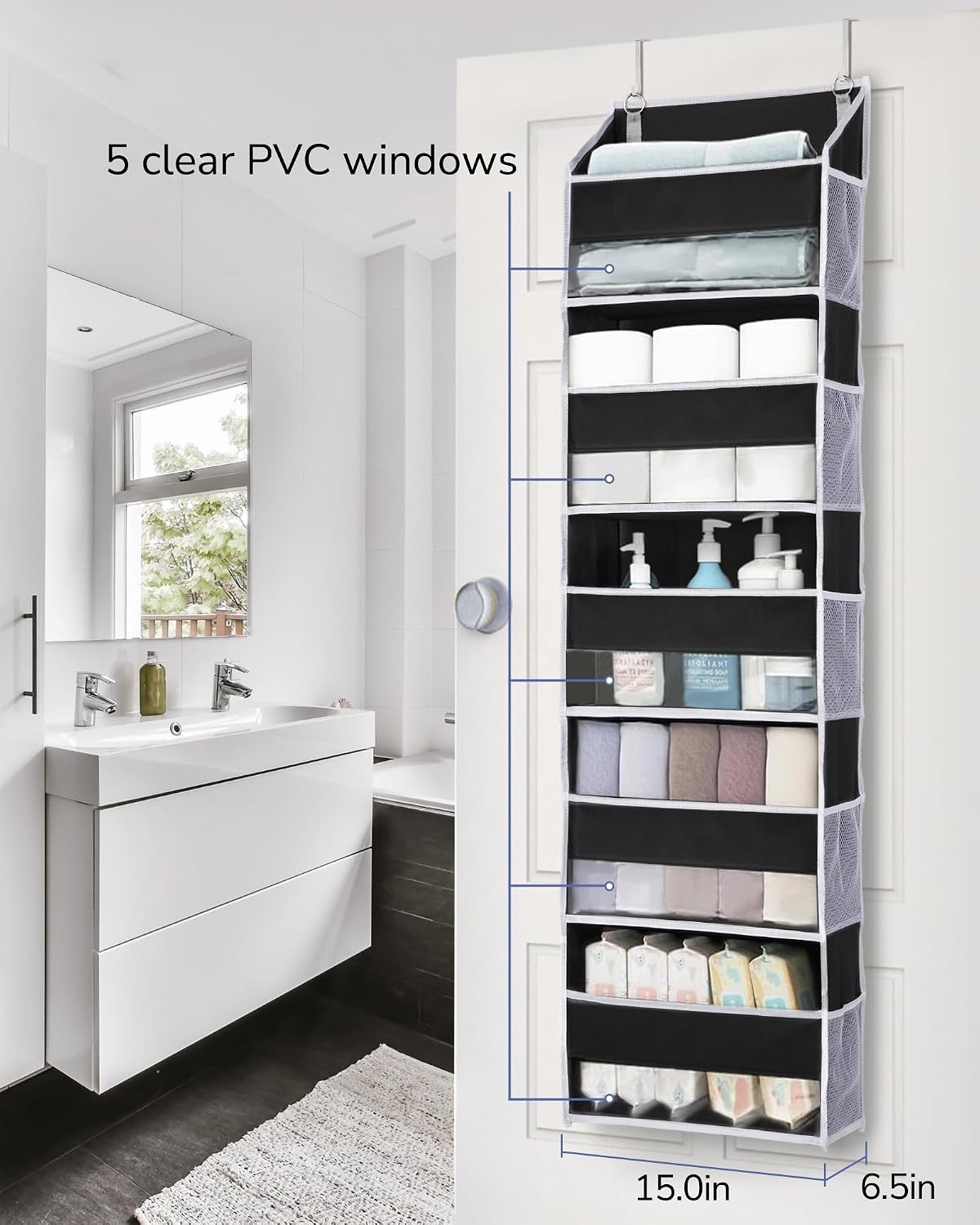 ULG Over the Door Organizer, 5-Tier Extra Large Hanging Storage with 10 Mesh Pockets, 100 lbs Capacity, Heavy Duty Door Organizer for Closet, Bedroom, Nursery Storage, Beige