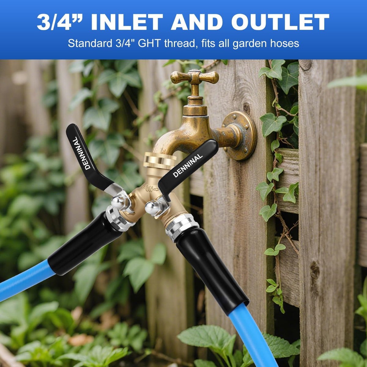 Brass Garden Hose Splitter 2 Way Heavy Duty, Safe Water Hose Splitter with 304 Stainless Steel Long Handle, Outdoor Full Flow Hose Bib Splitter Connector, Y Valve 3/4 Inch GHT Thread