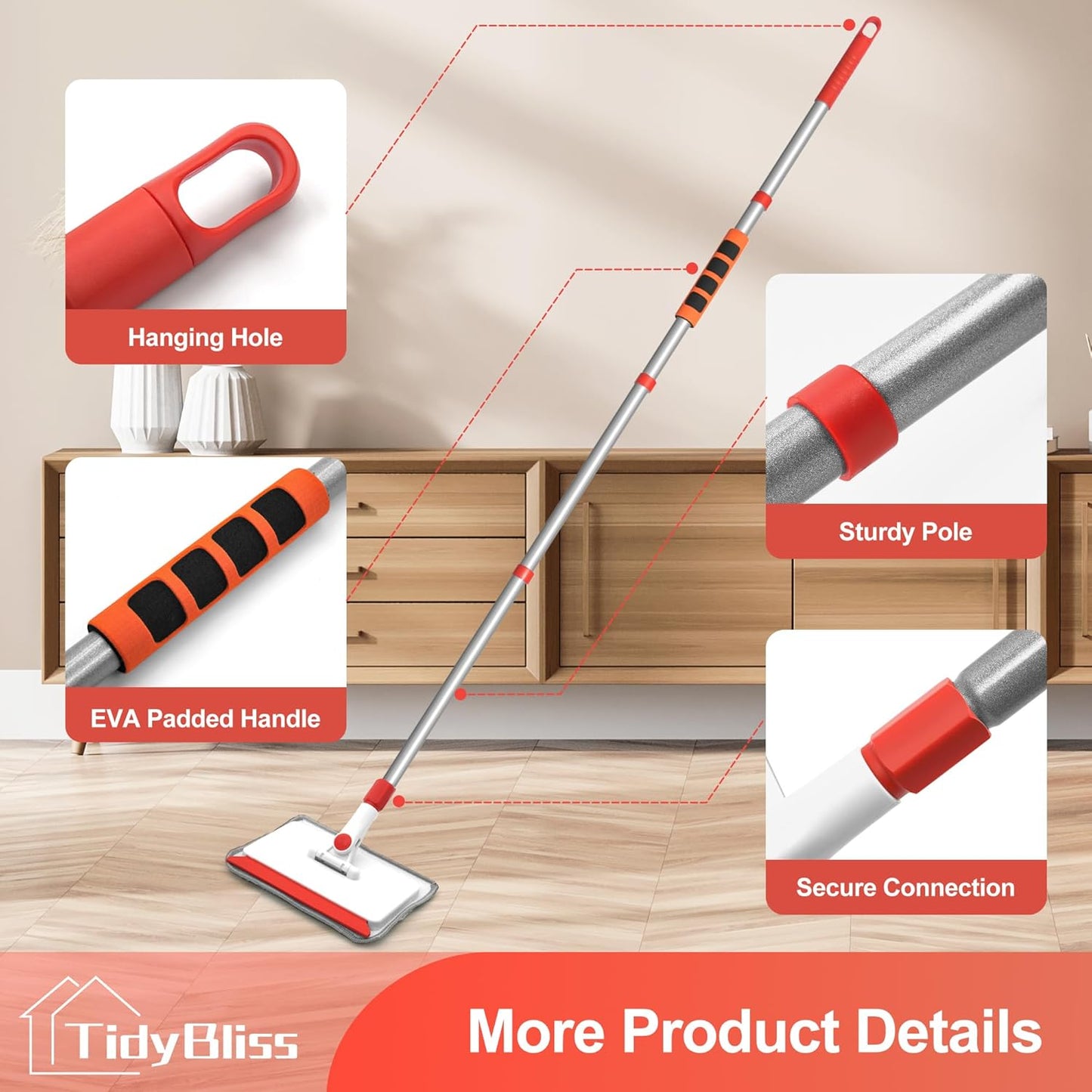 TidyBliss Baseboard Cleaner Tool with Handle, 55.9” Long Wall and Base Board Cleaning Mop, 4 Reusable Pads, 1 Stiff Bristle Scrubber Brush for Floorboard Ceiling Cabinet Window Bathroom Kitchen (Red)