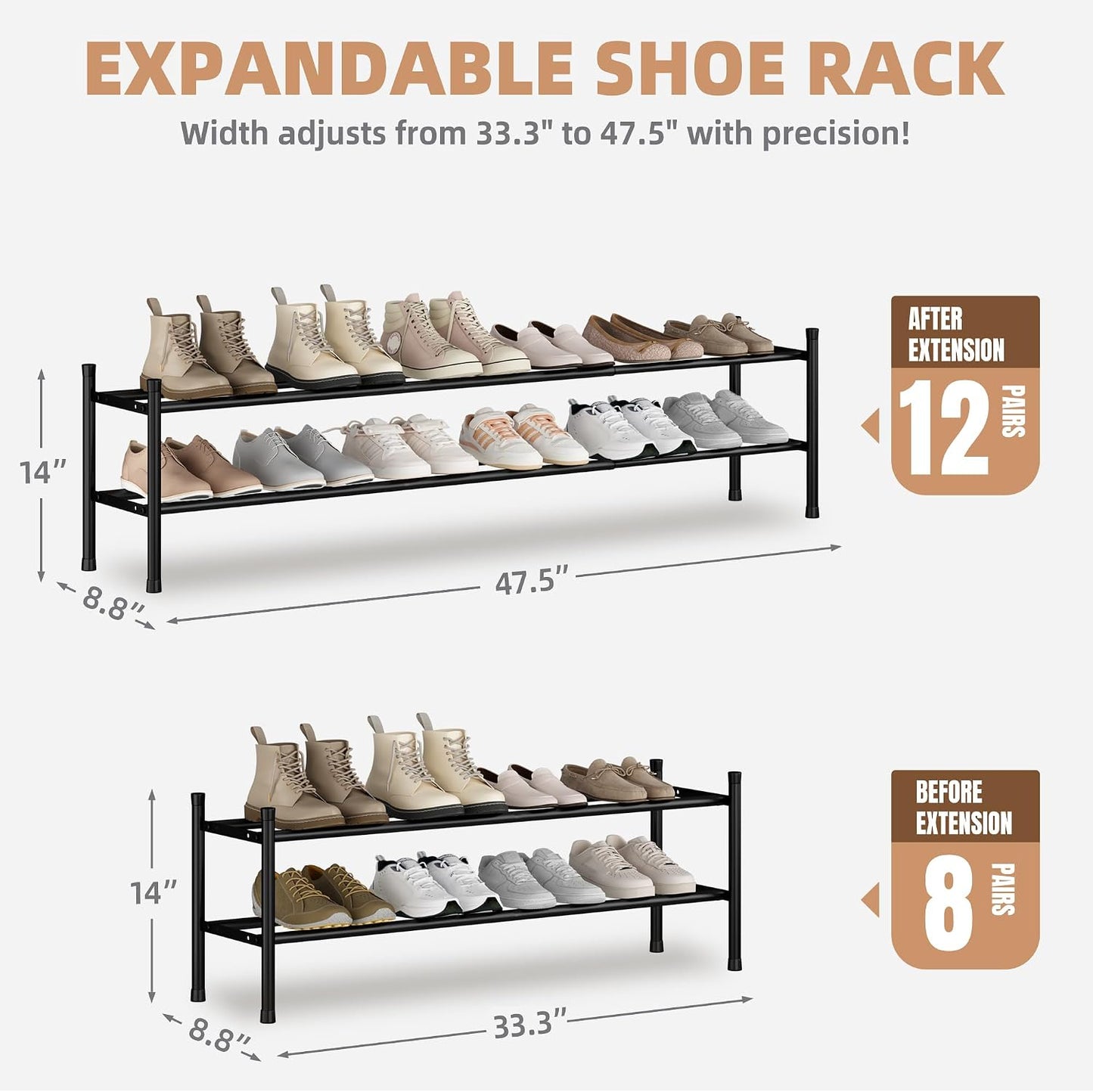 STORAGE MANIAC Long Expandable Shoe Rack, 18 Pairs Metal Wide Stackable Shoe Rack, Adjustable Shoes Shelf, Freestanding Shoes Organizer for Closet, Entryway, Hallway, Garage, Front Door, 3 Tiers