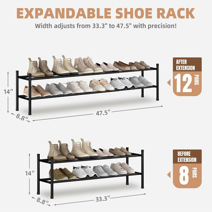 STORAGE MANIAC Long Expandable Shoe Rack, 18 Pairs Metal Wide Stackable Shoe Rack, Adjustable Shoes Shelf, Freestanding Shoes Organizer for Closet, Entryway, Hallway, Garage, Front Door, 3 Tiers