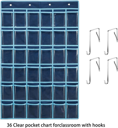 SAVERHO 36 Clear Pockets Classroom Pocket Chart for Cell Phone and Calculator Holder, Door Hanging Pocket Chart for Classroom Phone Holder with Number Sticker and Hooks (Blue)