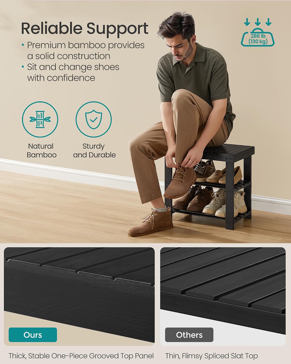SONGMICS Shoe Rack Bench, 3-Tier Bamboo Shoe Storage Organizer, Entryway Bench, Holds Up to 286 lb, 11.3 x 27.6 x 17.8 Inches, for Entryway Bathroom Bedroom, Ink Black ULBS04H