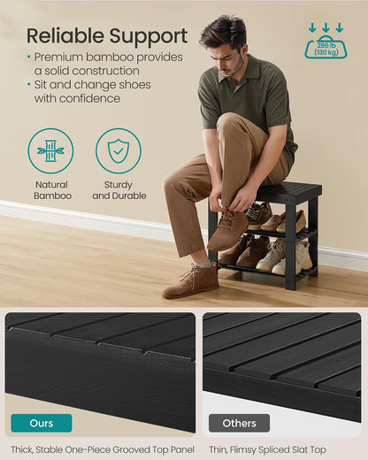 SONGMICS Shoe Rack Bench, 3-Tier Bamboo Shoe Storage Organizer, Entryway Bench, Holds Up to 286 lb, 11.3 x 27.6 x 17.8 Inches, for Entryway Bathroom Bedroom, Ink Black ULBS04H