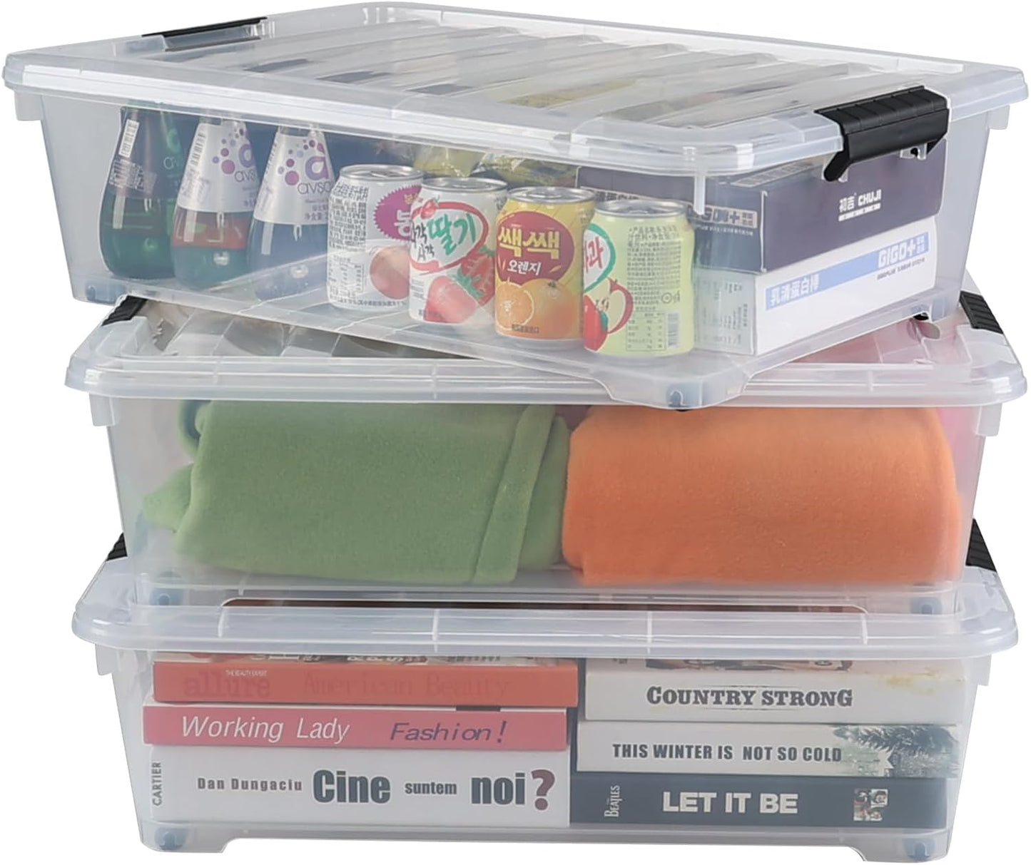 Hespama 3 Pack Plastic Rolling Storage Box Bin for Under the Bed, 20 Quart | Lidded Storage Container Bin, Clear