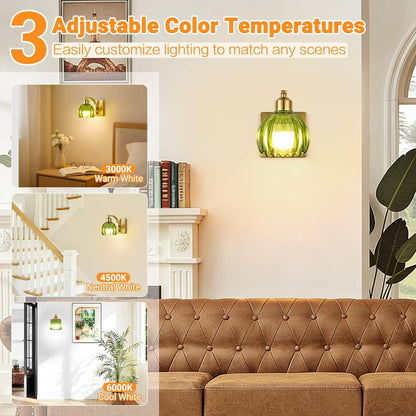 Rechargeable Battery Operated Wall Sconce Set of 2, Wireless Battery Powered Gold Wall Lamps with Green Tulip Glass, Vintage Dimmable Wall Lights with Remote Control for Bedroom Living Room