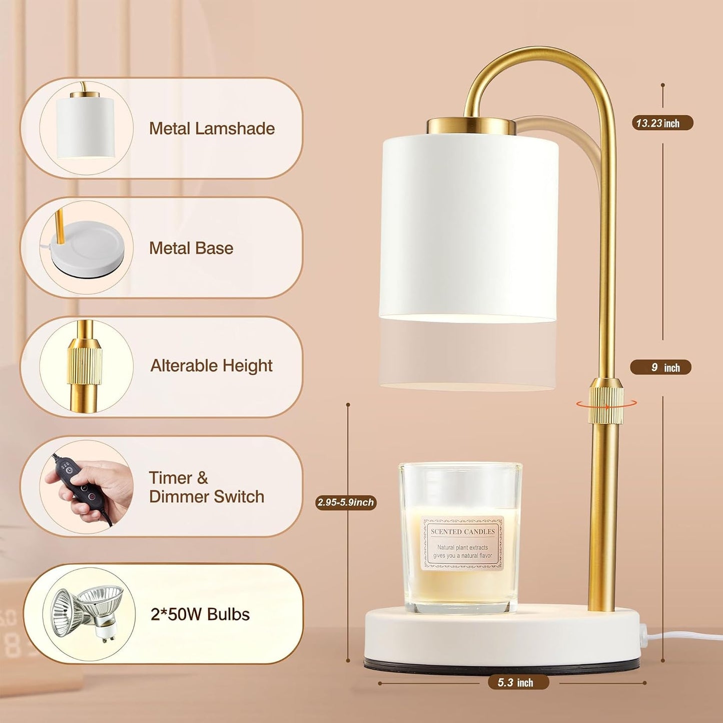 CASTLELIFE Dimmable Candle Warmer Lamp with Timer, Height Adjustable Candle Warmer for Jar Candles, Electric Wax Melt Warmer for Home Decor House Warming Gifts, Birthday Gifts for Women, Black Clear