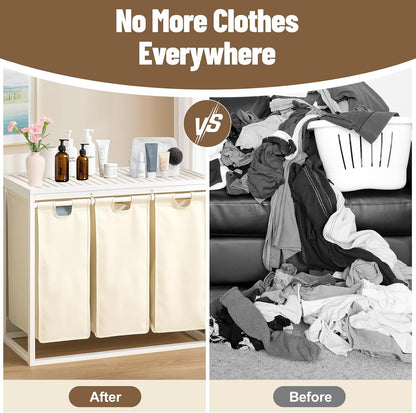 Bamboo Laundry Hamper 3 Section with Lid, 150L Laundry Sorter with Lockable Wheels, Pull-Out Removable Washable Bags, 3 × 12.5 Gal Divided Laundry Baskets for Laundry Room, Bathroom (White)