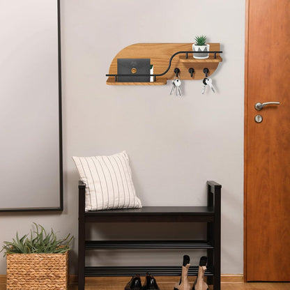 Key Holder for Wall, Decorative Key and Mail Organizer with 6 Sturdy Metal Hooks and Floating Shelf, 14 Inches Wood Wall Mounted Key Rack for Entryway, White and Gold